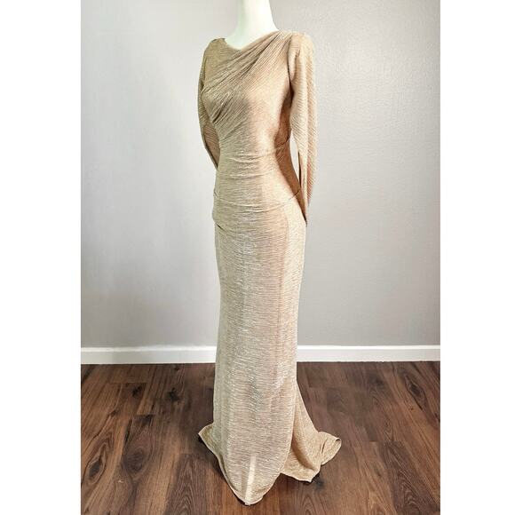 Betsy & Adam Cape Sleeve Gold + Silver Metallic Floor Length Gown women’s 4p - Picture 6 of 11